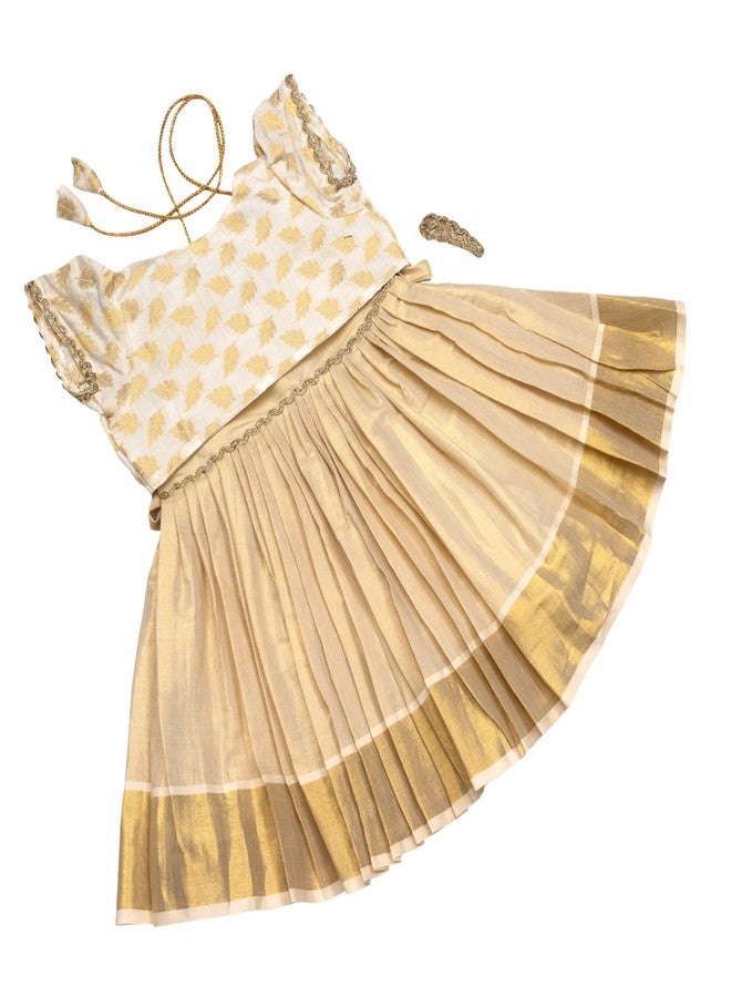 Picksparrow فستان قصير يصل إلى الركبة من قماش التشو من ماركة Picksparrow، فستان تقليدي/زي عرقي مع جاكيت ومشابك شعر (عليا) (6-12 شهرًا، أبيض كريمي) - Image 4