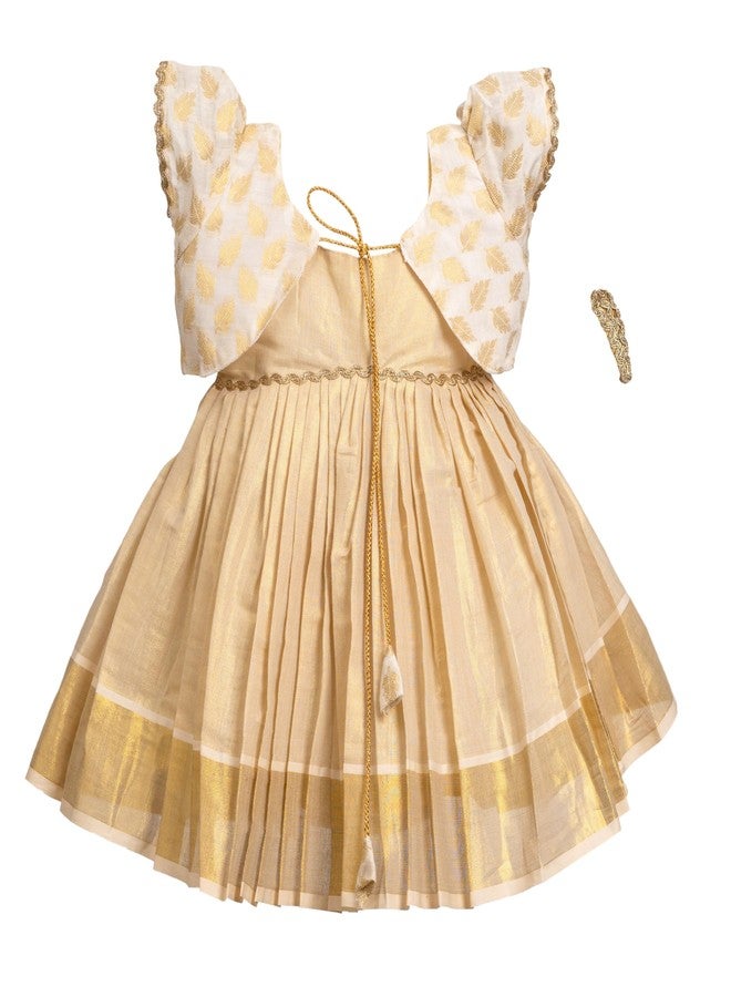 Picksparrow فستان قصير يصل إلى الركبة من قماش التشو من ماركة Picksparrow، فستان تقليدي/زي عرقي مع جاكيت ومشابك شعر (عليا) (6-12 شهرًا، أبيض كريمي) - Image 1