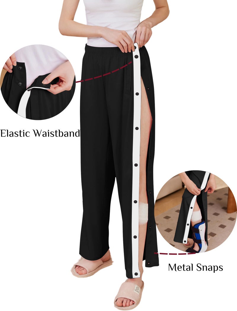 Deyeek Women's Tear Away Pants Side Split Snap Open Bottom Sweatpants Leg Breakaway Post Surgery Pants with Pockets Black - Image 4