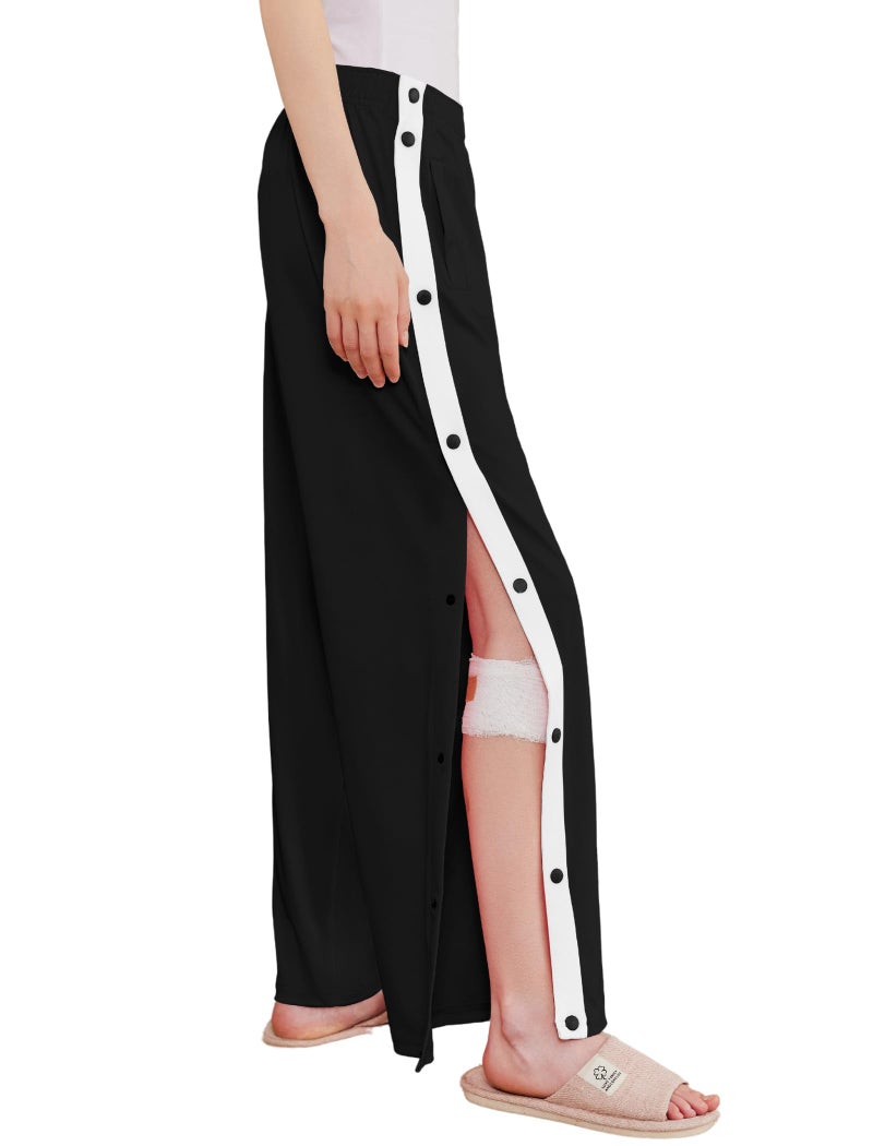 Deyeek Women's Tear Away Pants Side Split Snap Open Bottom Sweatpants Leg Breakaway Post Surgery Pants with Pockets Black - Image 1