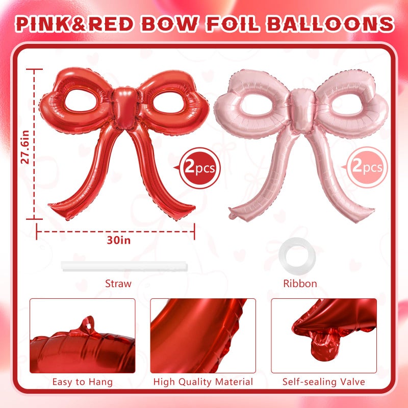 YTHETM Valentines Day Decorations 4 Pcs Red and Pink Valentines Balloons for Girl Women Pink Bow Balloons Bow Birthday Decorations for Galentines Day Decorations Girls Night Decor Bachelorette Party Supplies - Image 2