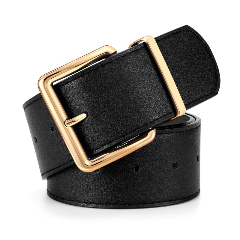 WERFORU Women Wide Belt for Dresses Thick Leather Belt with Big Gold Buckle Fahion Women Chunky Belt,Black - Image 1