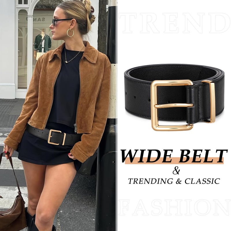 WERFORU Women Wide Belt for Dresses Thick Leather Belt with Big Gold Buckle Fahion Women Chunky Belt,Black - Image 2