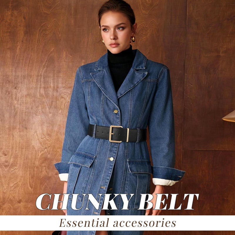 WERFORU Women Wide Belt for Dresses Thick Leather Belt with Big Gold Buckle Fahion Women Chunky Belt,Black - Image 3