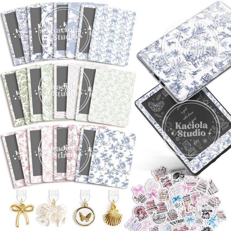 KACIOLA STUDIO 24PCS French Floral Skin for E-Reader, and 4PCS Type C Charms for E-Reader with Scrapbook Stickers, 6.9"x4.8" Skin Front and Back Decal Inserts for Paper White 11th (French Floral) - Image 1