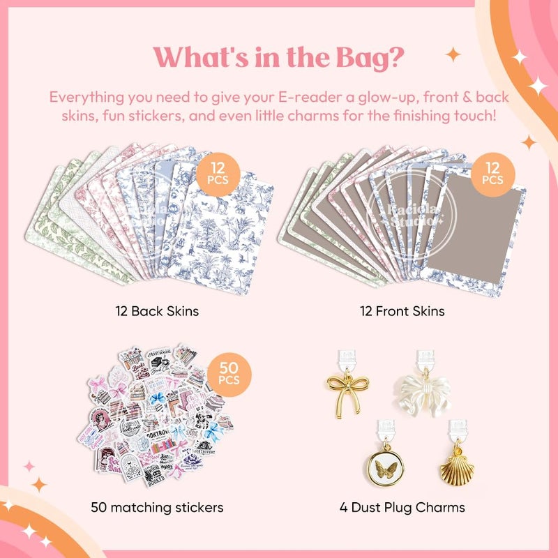 KACIOLA STUDIO 24PCS French Floral Skin for E-Reader, and 4PCS Type C Charms for E-Reader with Scrapbook Stickers, 6.9"x4.8" Skin Front and Back Decal Inserts for Paper White 11th (French Floral) - Image 3