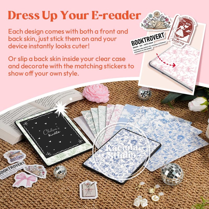 KACIOLA STUDIO 24PCS French Floral Skin for E-Reader, and 4PCS Type C Charms for E-Reader with Scrapbook Stickers, 6.9"x4.8" Skin Front and Back Decal Inserts for Paper White 11th (French Floral) - Image 2