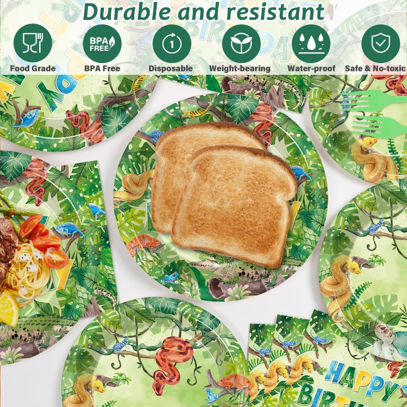 Wiooffen 96 Pcs Reptile Birthday Party Supplies Reptile Swamp Happy Birthday Plates Napkins for Kids Jungle Swamp Snake Alligator Camping Wildlife Turtle Wilderness Party Tableware Decorations Favors Serves 24 - Image 3