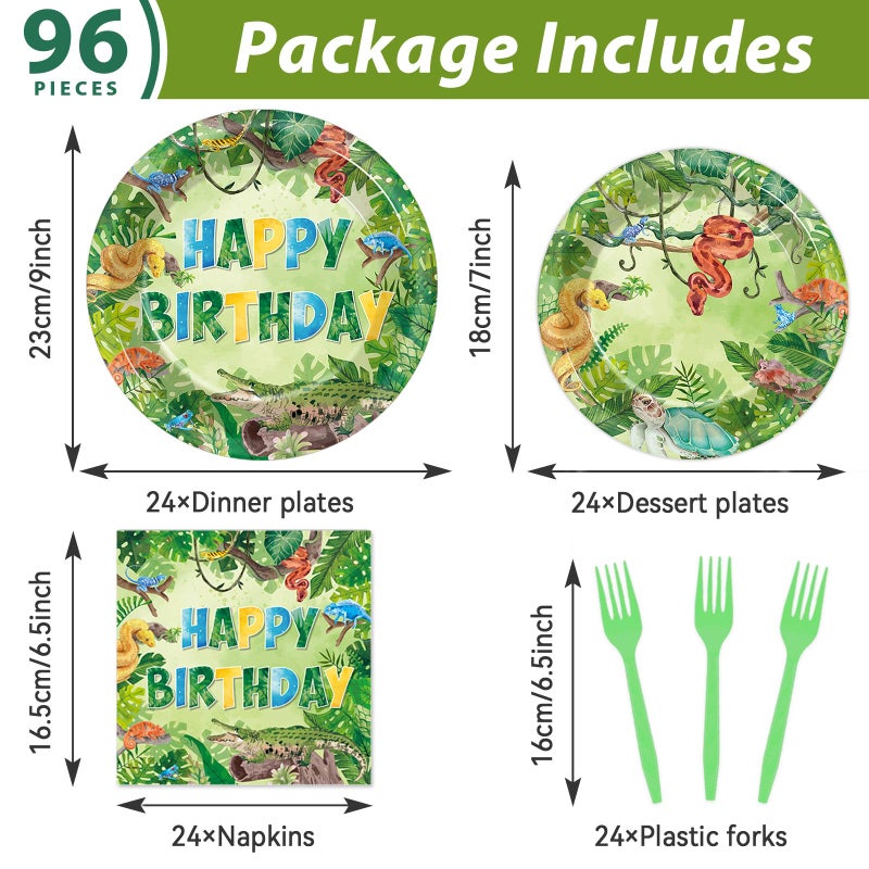 Wiooffen 96 Pcs Reptile Birthday Party Supplies Reptile Swamp Happy Birthday Plates Napkins for Kids Jungle Swamp Snake Alligator Camping Wildlife Turtle Wilderness Party Tableware Decorations Favors Serves 24 - Image 2