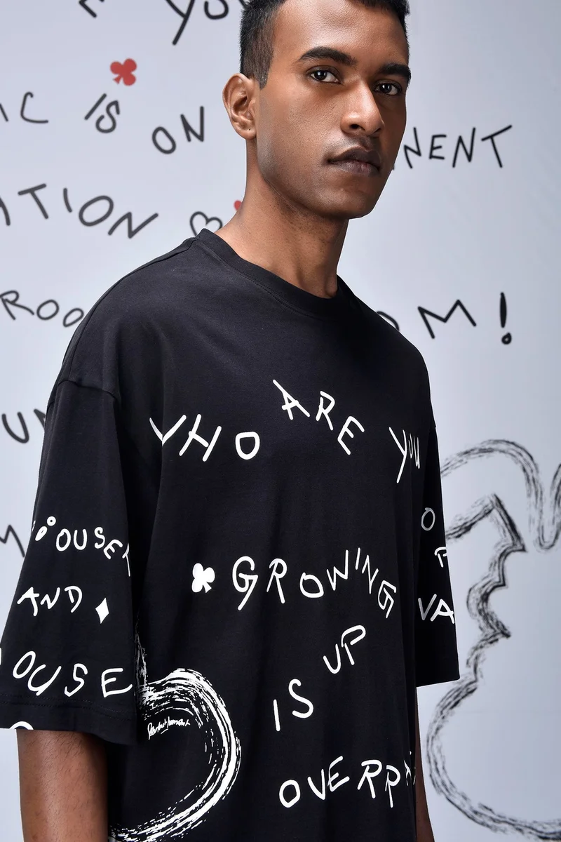 Genes Lecoanet Hemant  Black Cotton Single Jersey T-Shirt with Hand-Drawn Graphic Text for Men | Best Price UAE