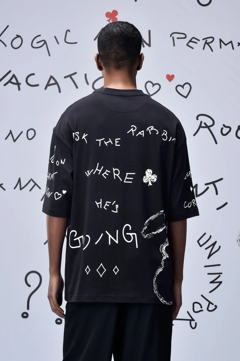 Genes Lecoanet Hemant  Black Cotton Single Jersey T-Shirt with Hand-Drawn Graphic Text for Men | Best Price UAE