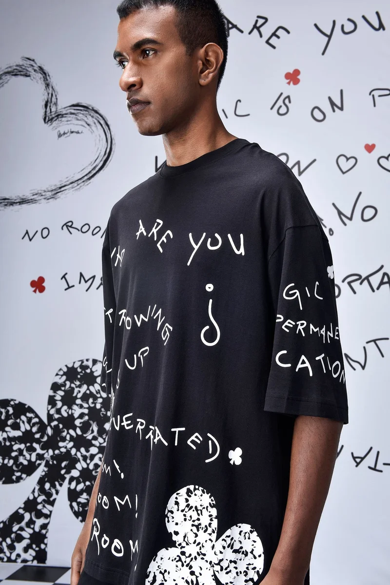 Genes Lecoanet Hemant  Black Cotton Single Jersey T-Shirt with Hand-Drawn Graphic Text for Men | Best Price UAE