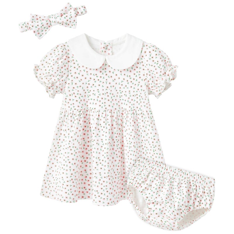 pureborn Baby Girls Dress with Bloomer Peter-pan Collar Short Sleeve Cotton Playwear Dresses with Headband Pink Flower 3-6 Months - Image 1