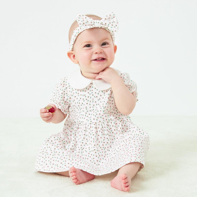 pureborn Baby Girls Dress with Bloomer Peter-pan Collar Short Sleeve Cotton Playwear Dresses with Headband Pink Flower 3-6 Months - Image 3
