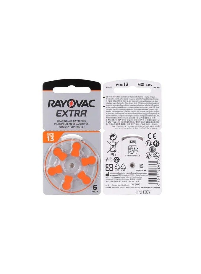 رايوفاك RAYOVAC EXTRA بطاريات سمعية مناسبة للاجهزة المساعدة على السمع وضعاف السمع - 6 بطاريات مقاس رقم 13