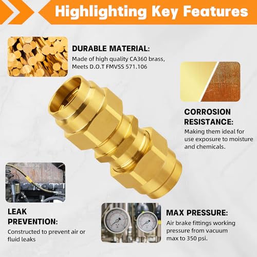 Dazakoot Brass DOT Air Brake End Fitting Dazakoot 12 OD Union Tubing for J1402 Air Brake Hose Air Brake Hose Fitting for Replace Semi Truck Air Brake System 2pcs Union Tube 4pcs Sleeve Tube - Image 3
