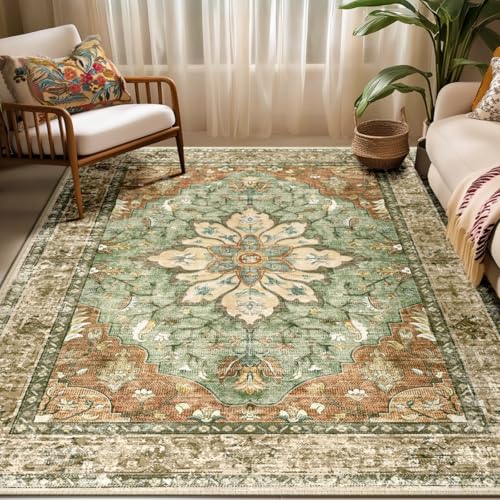 RELEANY Area Rugs 5'x7' Washable Non-Slip, Floral Vintage Distress Print Pattern Medallion Carpet for Living Room Bedroom Dining Room, Brick Red Rust Neutral Brown Burnt Orange Green - Image 1