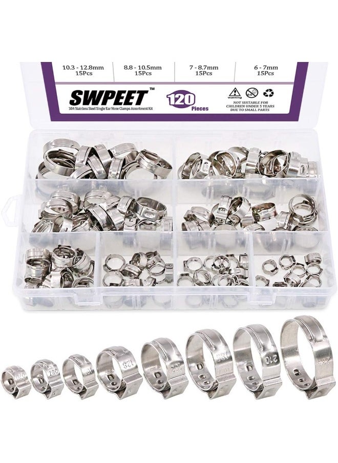 Swpeet 120Pieces 8 Sizes 304 Stainless Steel Single Ear Hose Clamps, Crimp Hose Clamp Assortment Kit Ear Cinch Rings Crimp Pinch Fitting Tools Perfect For Automotive, Home Appliance Line  - Image 2