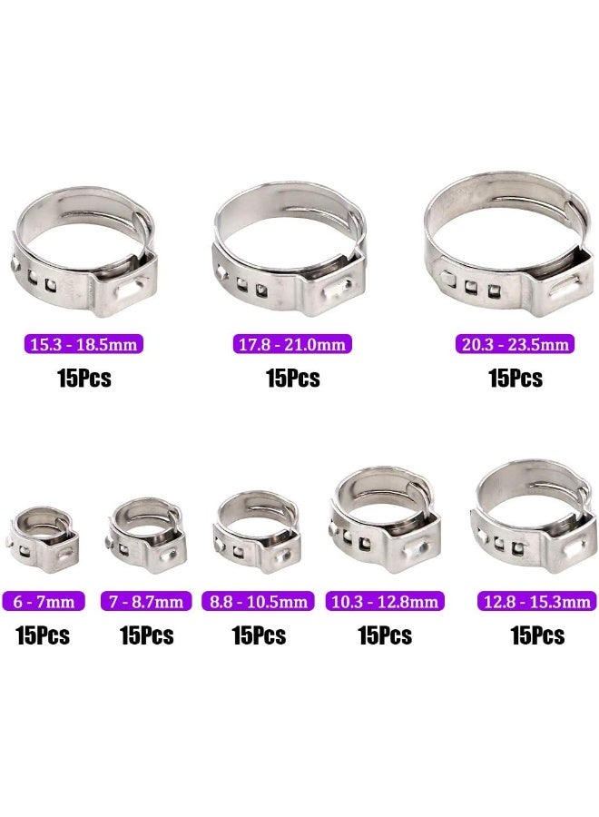 120Pieces 8 Sizes 304 Stainless Steel Single Ear Hose Clamps, Crimp Hose Clamp Assortment Kit Ear Cinch Rings Crimp Pinch Fitting Tools Perfect For Automotive, Home Appliance Line