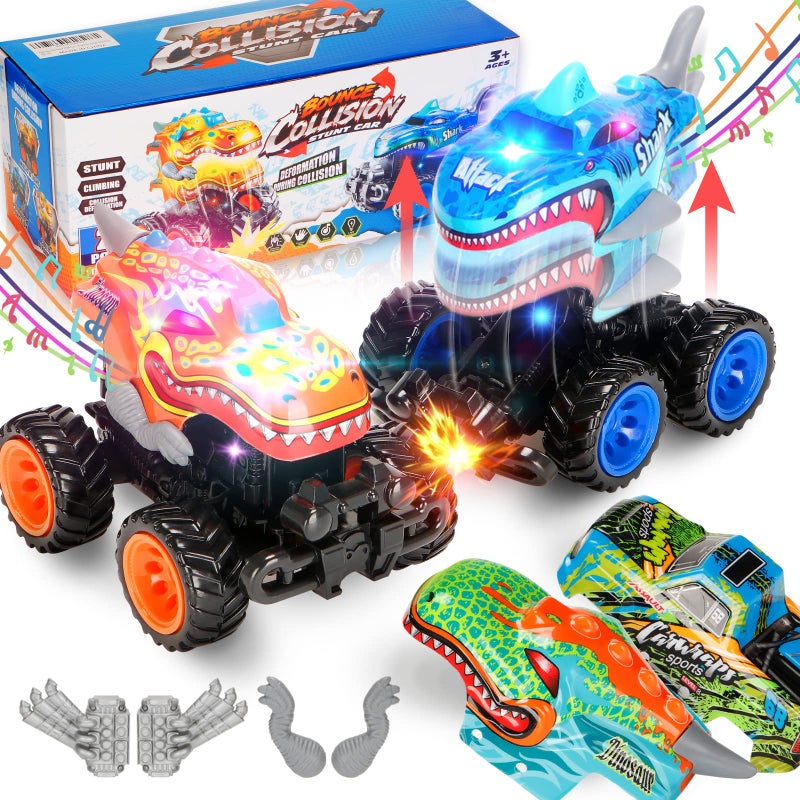 kkmon 2 Pack Exploding Monster Truck Toy with Interchangeable Dinosaur  Shark Bodies FrictionPowered LightUp Cars with Sounds Birthday Gift for Boys Ages 47 Easter Basket Stuffer Kids Car Toys - Image 2