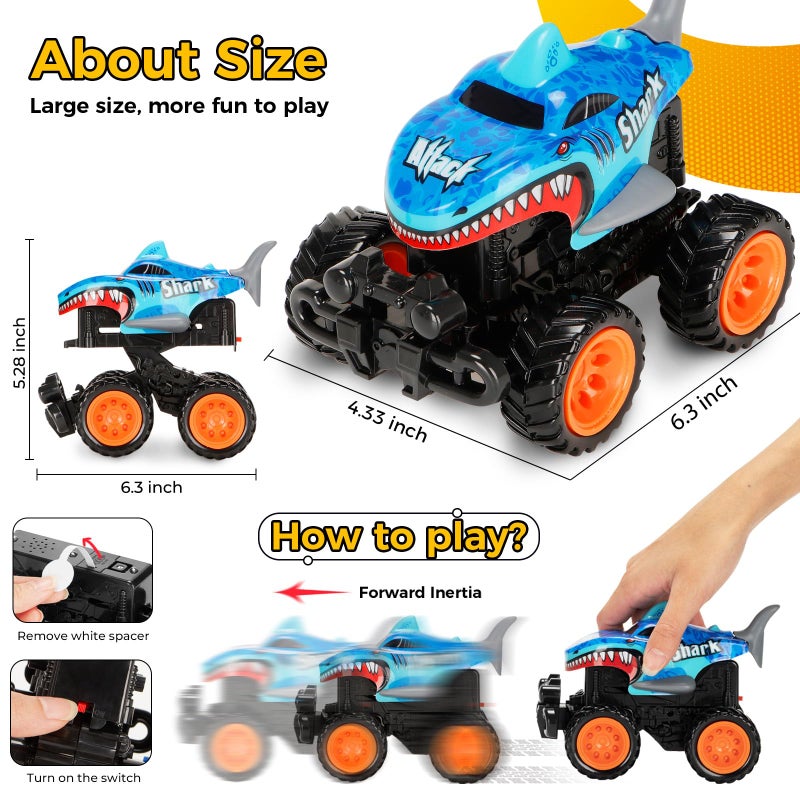 kkmon 2 Pack Exploding Monster Truck Toy with Interchangeable Dinosaur  Shark Bodies FrictionPowered LightUp Cars with Sounds Birthday Gift for Boys Ages 47 Easter Basket Stuffer Kids Car Toys - Image 3