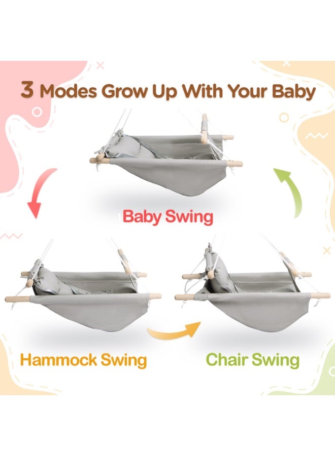 والالا أرجوحة أطفال بحزام أمان من خمس نقاط مع مقعد أمان قابل للتعديل - أرجوحة قماشية داخلية وخارجية للأطفال الرضع والأطفال الصغار، 3 أوضاع هزازة، تصميم خشبي ماكارون (رمادي) - Image 2