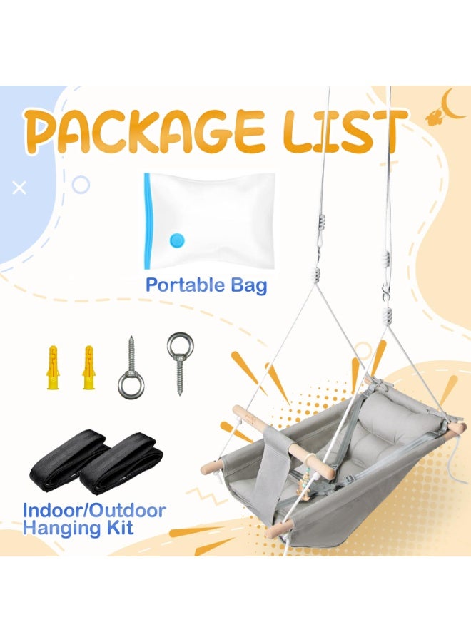 والالا أرجوحة أطفال بحزام أمان من خمس نقاط مع مقعد أمان قابل للتعديل - أرجوحة قماشية داخلية وخارجية للأطفال الرضع والأطفال الصغار، 3 أوضاع هزازة، تصميم خشبي ماكارون (رمادي) - Image 4