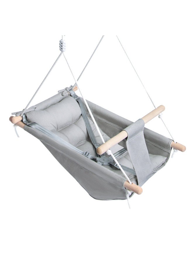 والالا أرجوحة أطفال بحزام أمان من خمس نقاط مع مقعد أمان قابل للتعديل - أرجوحة قماشية داخلية وخارجية للأطفال الرضع والأطفال الصغار، 3 أوضاع هزازة، تصميم خشبي ماكارون (رمادي) - Image 1