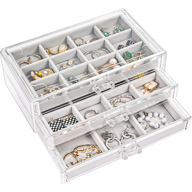 ProCase Earring Holder Organizer Jewelry Box with 3 Drawers, Acrylic Clear Earring Case with Adjustable Velvet Trays for Women - Grey, 3 Layers - Image 1