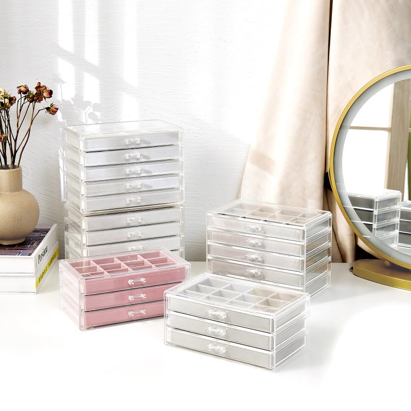 ProCase Earring Holder Organizer Jewelry Box with 3 Drawers, Acrylic Clear Earring Case with Adjustable Velvet Trays for Women - Grey, 3 Layers - Image 5