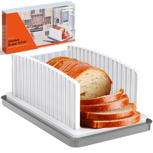 Kiss Core New Upgrade Bread Slicer for Homemade Bread Bread Slicing Guide Adjustable Width Foldable and Compact Cutting Guide with Crumb Tray Suitability for Homemade Bread Bagels Cakes