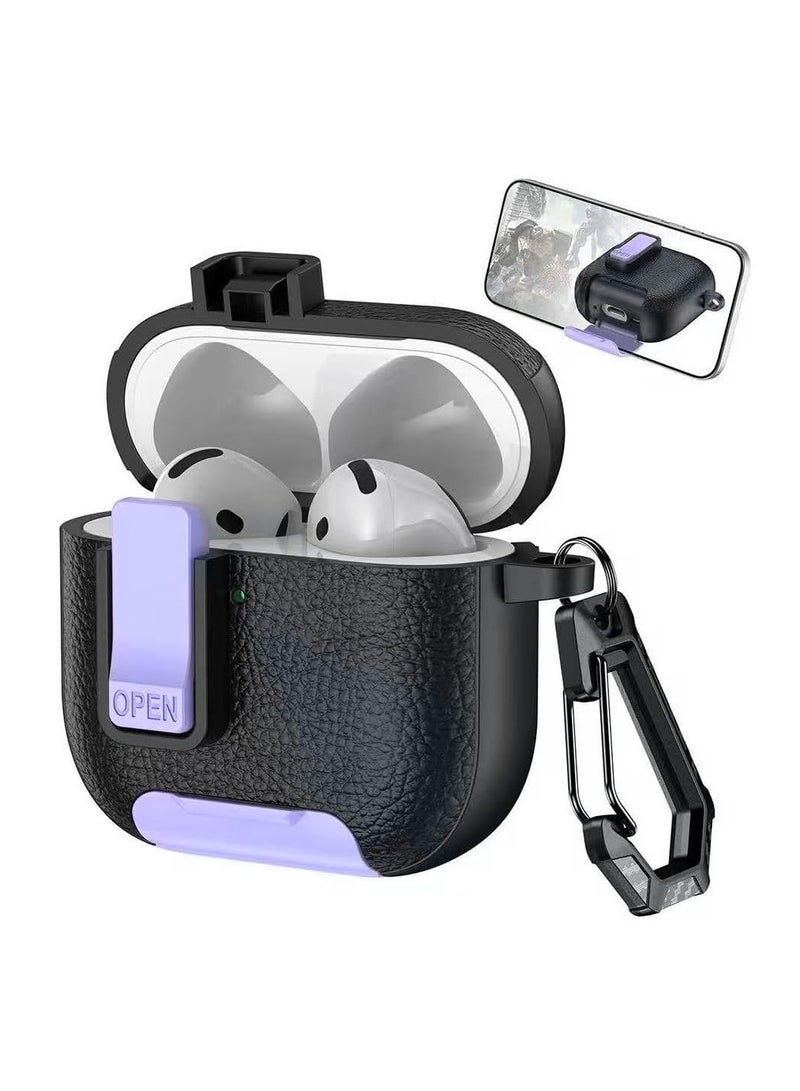 AirPod Pro 2 Case 2023/2022/2019, 2nd Gen with Phone Stand, Secure Lock Design Silicone Protection, Case with Leather Texture for Airpod Pro 2 (Black purple) 