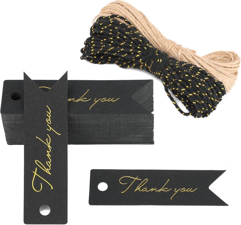 g2plus High-end Metallic Gold Thank You Tags, 100PCS 2.8'' x 0.8'' Gift Tags with String for Arts and Crafts,Gift Wrapping (Black) - Image 1