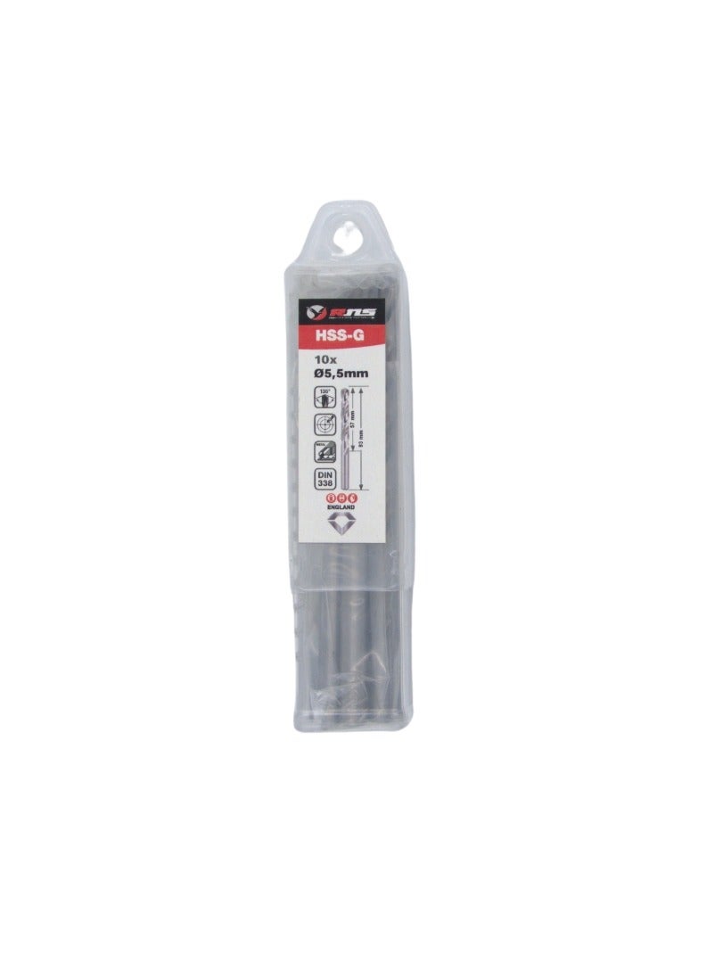 RNS HSS-G TWIST DRILL BIT 5.5 MM, Pack of 10 High Speed Steel Ground Metal Drill Bit for Steel, Alloy, Fabrication and Industrial Use - Image 1