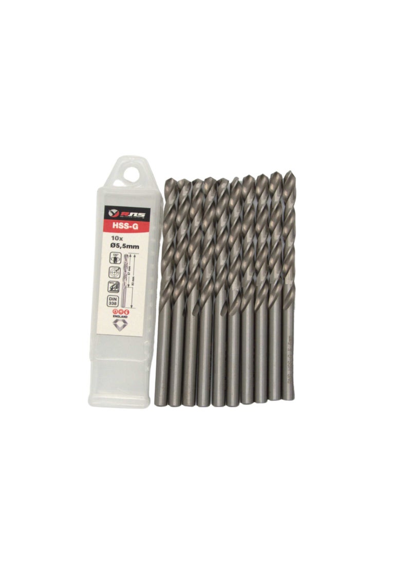 RNS HSS-G TWIST DRILL BIT 5.5 MM, Pack of 10 High Speed Steel Ground Metal Drill Bit for Steel, Alloy, Fabrication and Industrial Use - Image 2