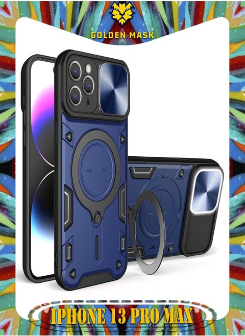 جولدن ماسك لهاتف ايفون 13 برو ماكس (iPhone 13 Pro Max) جراب حماية مع باب جرار لحماية عدسة  الكاميرا المدرعة مدمج بزاوية 360 درجة - (ازرق)