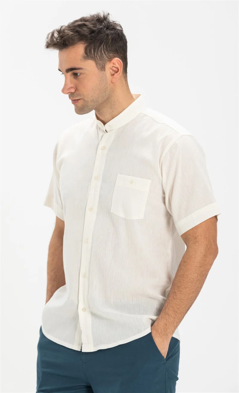 اليش شيل بيزي Short Sleeve Şile Cloth Classic Collar Single Pocket Men's Shirt Cream 3002