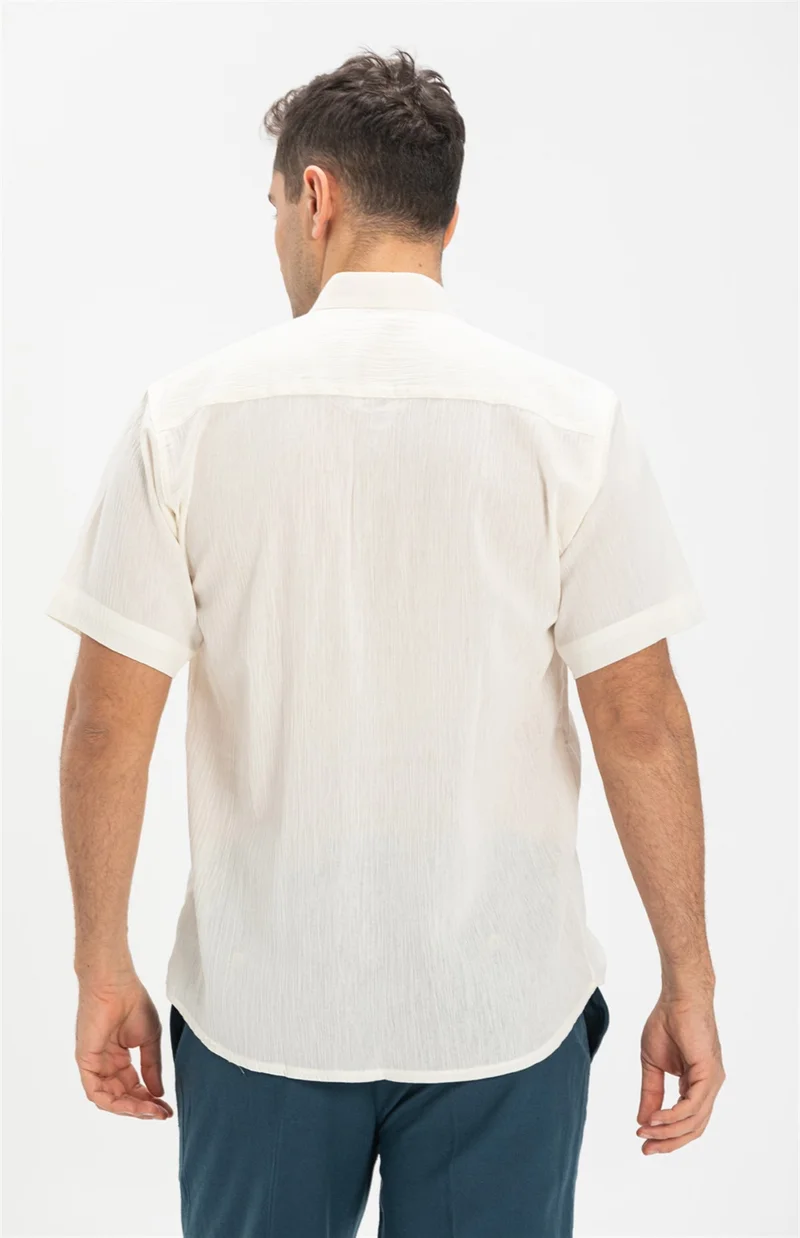 اليش شيل بيزي Short Sleeve Şile Cloth Classic Collar Single Pocket Men's Shirt Cream 3002