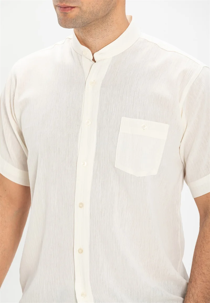 اليش شيل بيزي Short Sleeve Şile Cloth Classic Collar Single Pocket Men's Shirt Cream 3002