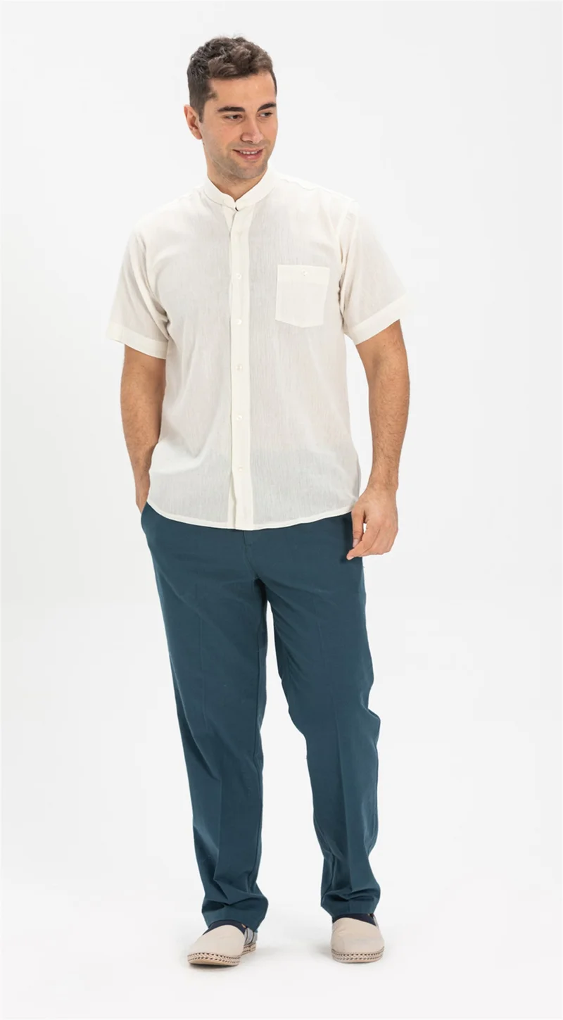 اليش شيل بيزي Short Sleeve Şile Cloth Classic Collar Single Pocket Men's Shirt Cream 3002