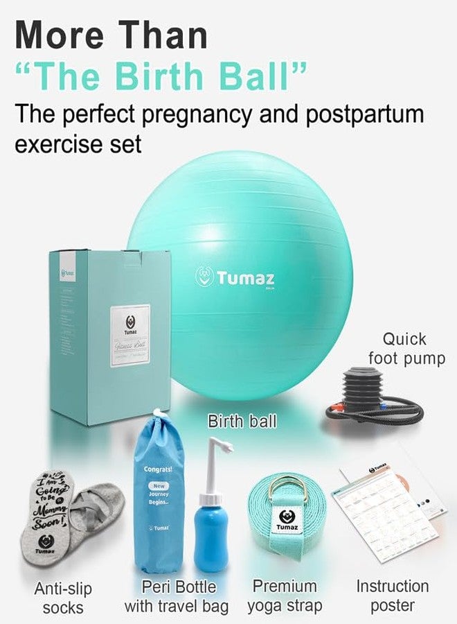 Tumaz Birth Ball for Pregnancy & Labor - Including Birthing Ball/Peri Bottle/Yoga Strap/Non-Slip Socks for Exercises Set with Quick Foot Pump & Instruction Poster - Image 2