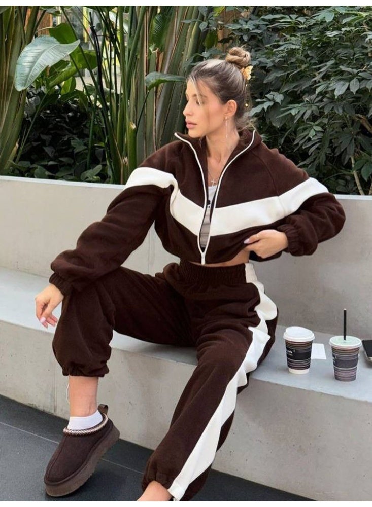 NIBEMINENT Sports Pant Sets Contrasting Colors Autumn Winter Daily Leisure Loose Winter Zippered Long-sleeved Top 2 Pieces Set Woman - Image 1