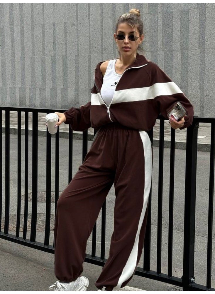 NIBEMINENT Sports Pant Sets Contrasting Colors Autumn Winter Daily Leisure Loose Winter Zippered Long-sleeved Top 2 Pieces Set Woman - Image 2