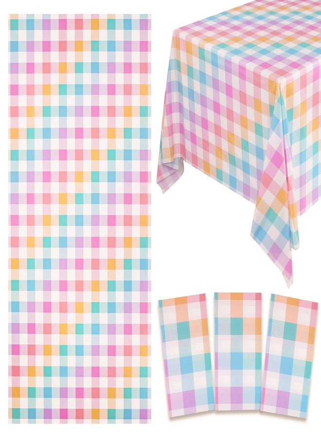 NiHome 3PCS Disposable Tablecloth 54"x108" for 8ft Tables, Spill-Proof Oil-Resistant Plastic Table Covers for Birthday, Picnic, Wedding, Holiday, School, Indoor Outdoor Events (Macaron Rainbow Plaid) - Image 1