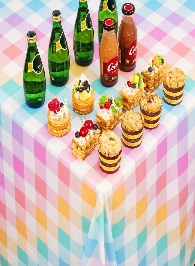 NiHome 3PCS Disposable Tablecloth 54"x108" for 8ft Tables, Spill-Proof Oil-Resistant Plastic Table Covers for Birthday, Picnic, Wedding, Holiday, School, Indoor Outdoor Events (Macaron Rainbow Plaid) - Image 2