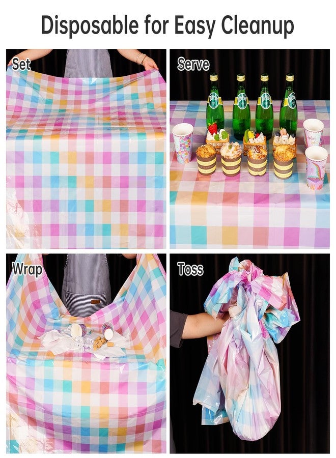 NiHome 3PCS Disposable Tablecloth 54"x108" for 8ft Tables, Spill-Proof Oil-Resistant Plastic Table Covers for Birthday, Picnic, Wedding, Holiday, School, Indoor Outdoor Events (Macaron Rainbow Plaid) - Image 5