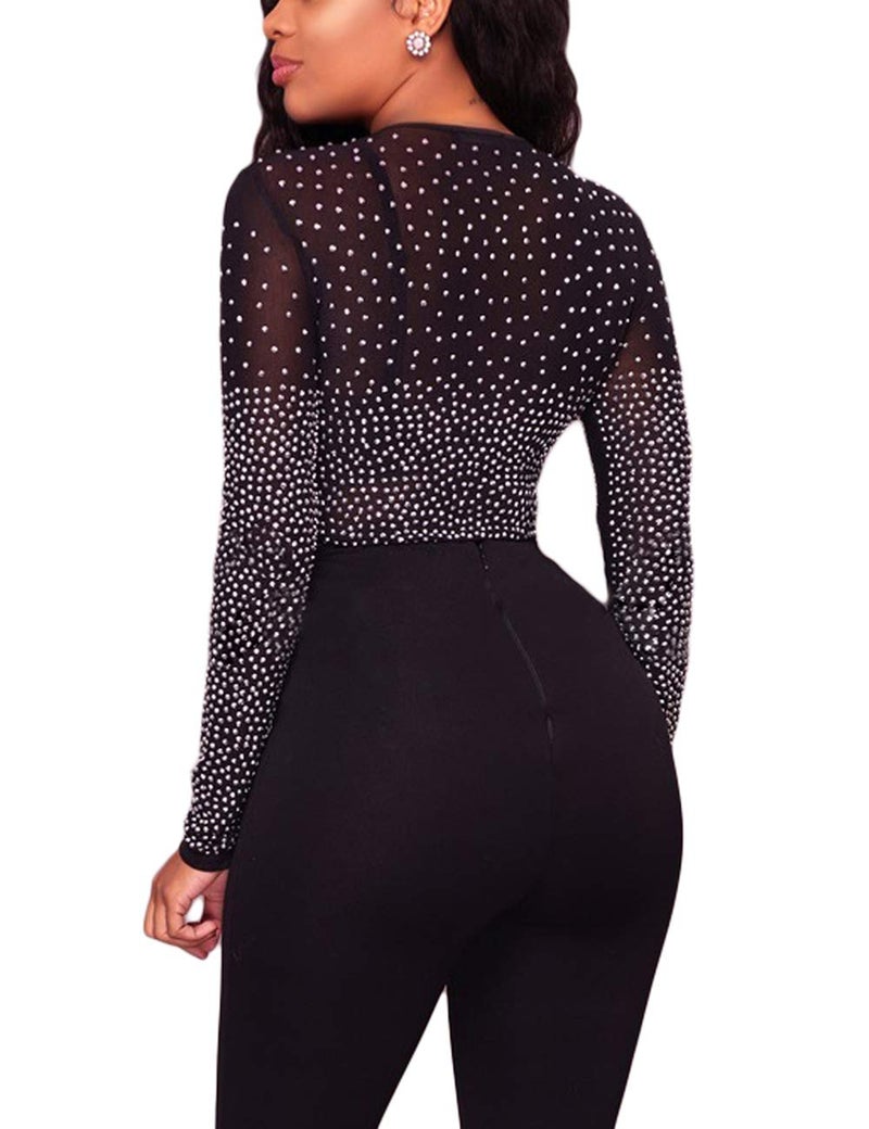 Lrady Women V Neck Long Sleeve Rhinestone Mesh Bodysuit Tops Thong Shirt Black L - Image 2