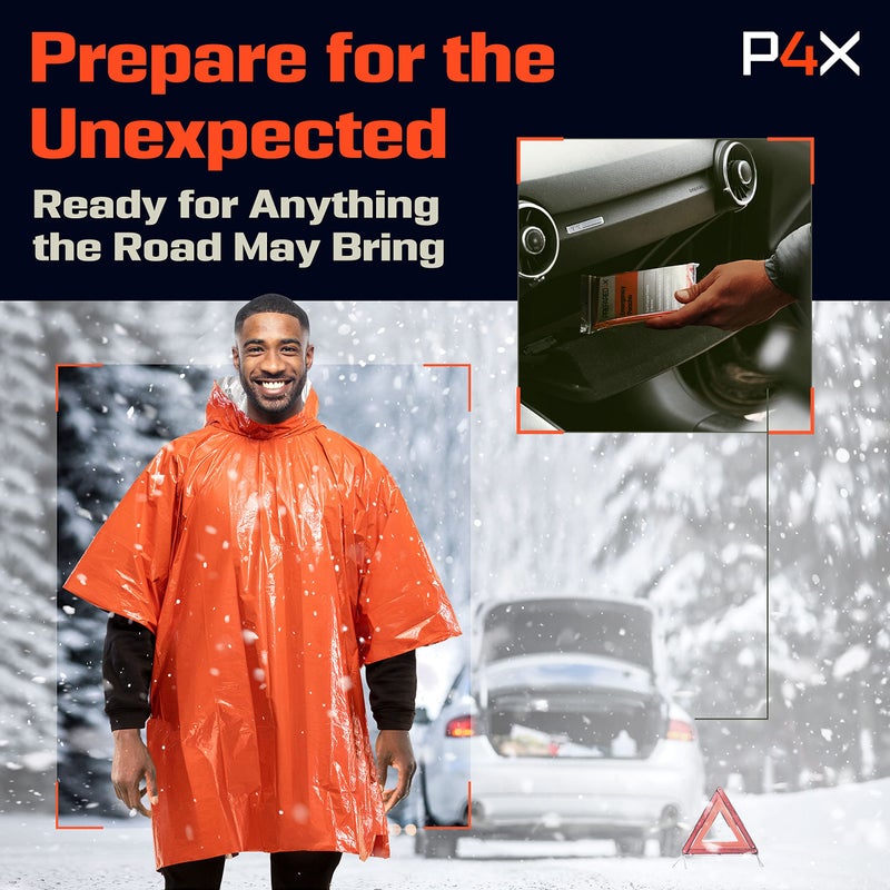 PREPARED4X Emergency Rain Poncho with Mylar Survival Blanket Liner for Car - Heavy Duty, Waterproof Camping Gear, Tactical Prepper Supplies– 4 Pack (Orange) - Image 5