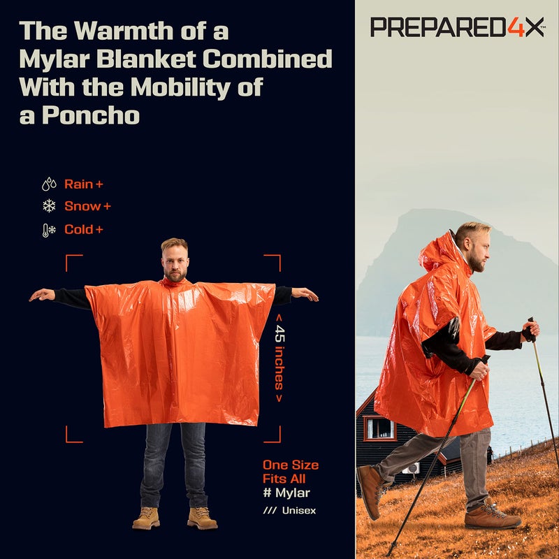 PREPARED4X Emergency Rain Poncho with Mylar Survival Blanket Liner for Car - Heavy Duty, Waterproof Camping Gear, Tactical Prepper Supplies– 4 Pack (Orange) - Image 2