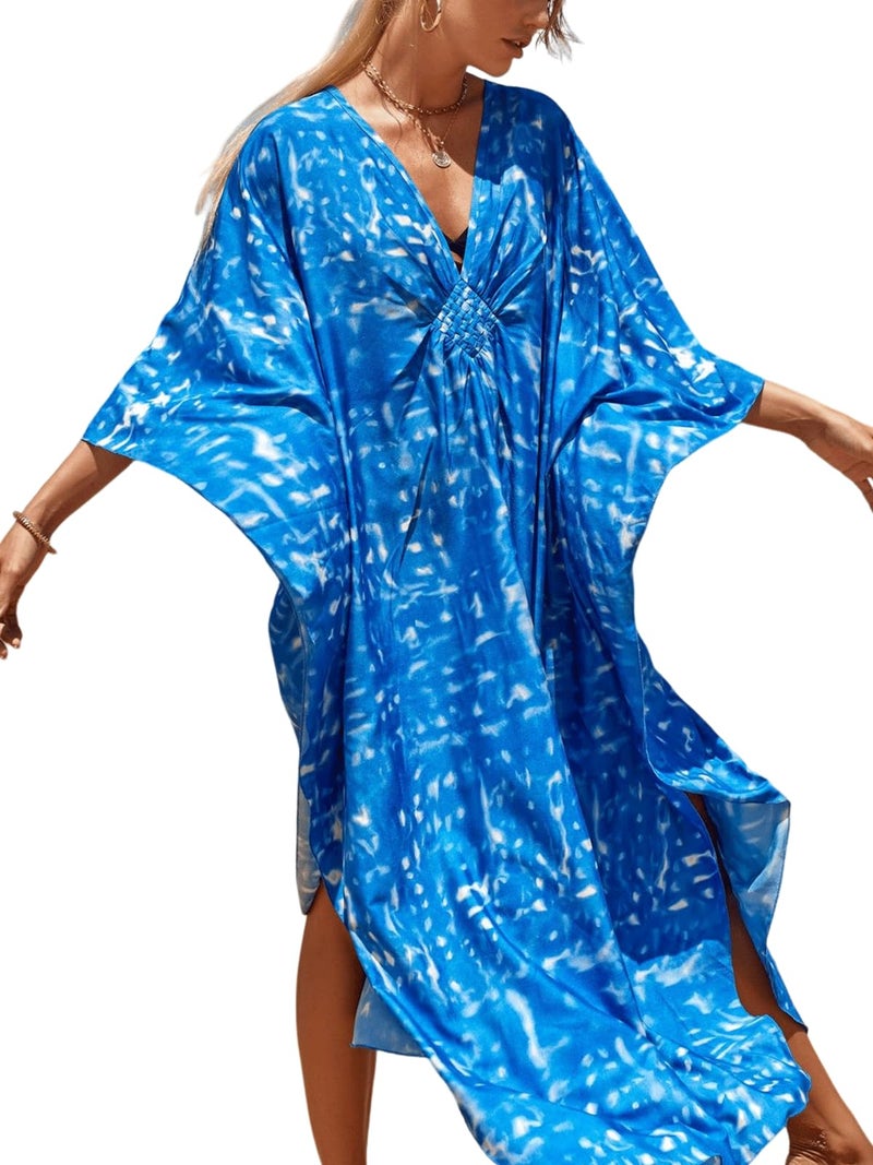 IMAGEKOPE Women's Plus Size Animal Print V-Neck Batwing Kaftan Beach Dress Bathing Suit Cover-Up Loungewear - Image 1